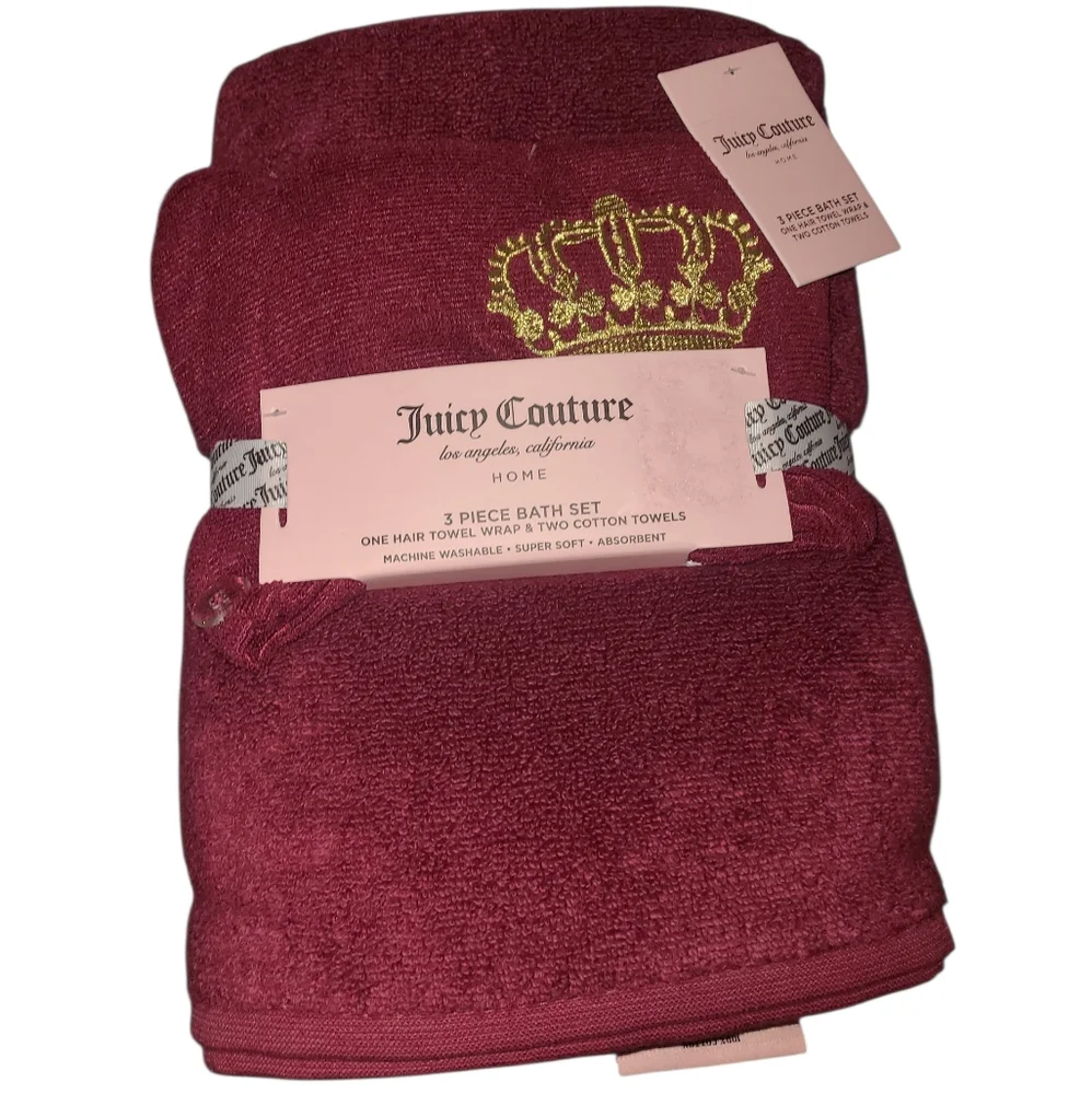 Juicy Couture 3pc Maroon & Gold Bath Towel Set